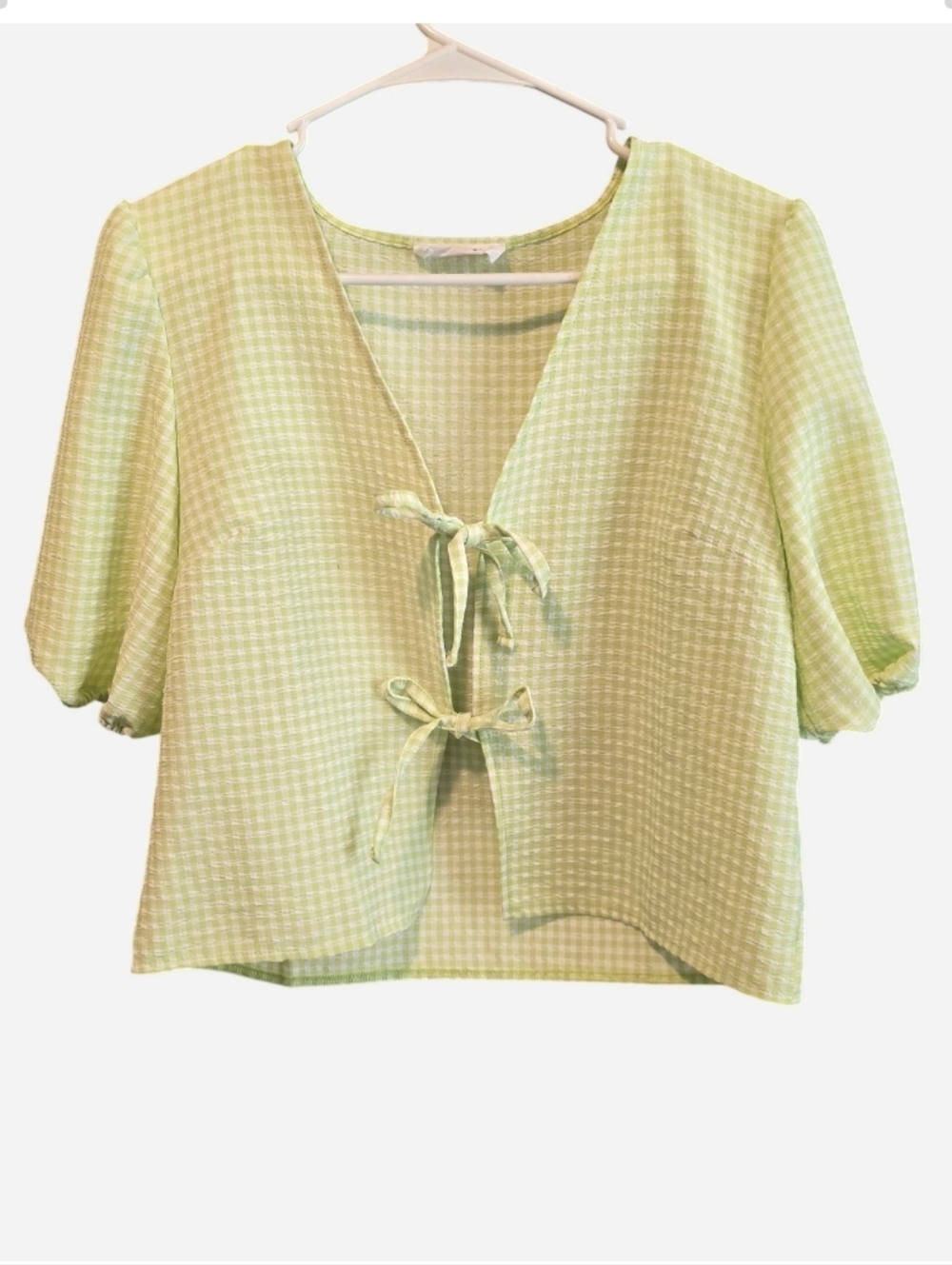Double Zero Pastel Green Gingham Tie-Front Puff Sleeve Top
